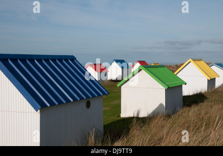 colourful beach huts, gouville-sur-mer, normandy, france Stock Photo