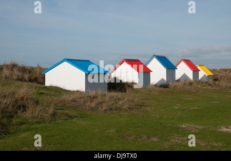 colourful beach huts, gouville-sur-mer, normandy, france Stock Photo