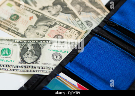 US dollar money and cards in a blue wallet on white background. Stock Photo