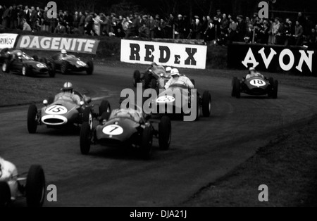 Formula 2 cars leaving Old Hall Corner in the I Oulton Park Trophy. England 2 April 1960. Stock Photo