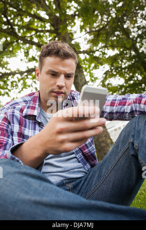Handsome serious student sitting on grass texting Stock Photo