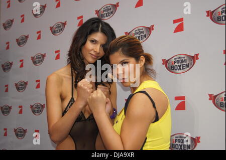 Micaela Schaefer, Indira Weiss at the weigh-in for the upcoming celebrity fight 'Das grosse ProSieben Promiboxen' at Ufer 8. Duesseldorf, Germany - 29.03.2012 Stock Photo