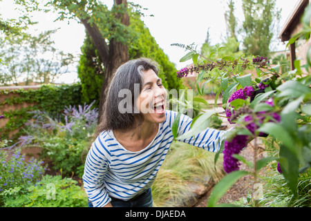 Hispanic woman looking at flowers in garden Stock Photo