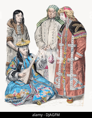 19th century XIX costumes Left to right woman from Tsinghai, Musician Buryat Mongolia,  Tchuktche woman,Obdorsk Siberian woman Stock Photo