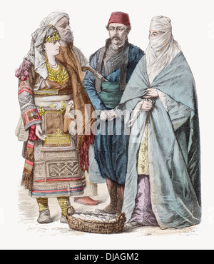 19th century XIX Turks from Skodra (left) Adrianople (center) Salonica (Right) Stock Photo