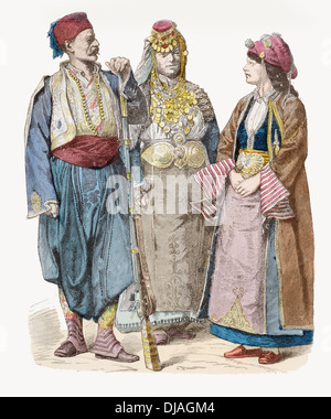 19th century XIX Turks from Monastir (left) Kurdish (center) Thessaly (Right) Stock Photo