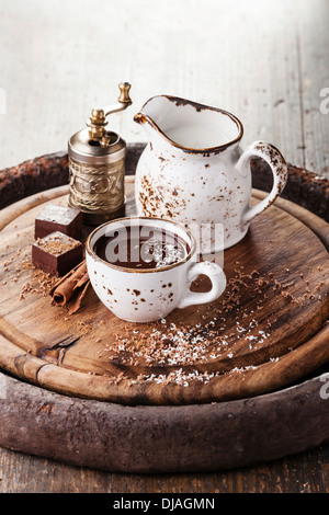 Hot chocolate sprinkled with white chocolate with spices Stock Photo
