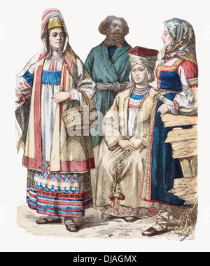 19th century XIX Russia Left to right Lady of Riazan, Woronesh man, Lady of Finland and Woman from Petersburg Stock Photo