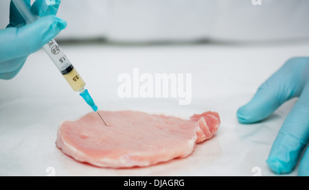 Close up of gloved researchers hands injecting meat Stock Photo