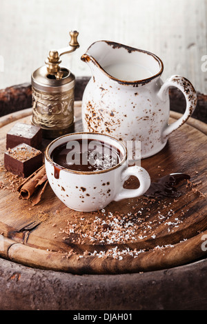 Hot chocolate sprinkled with white chocolate with spices Stock Photo