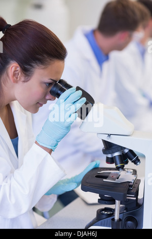 Female scientific researcher using microscope in lab Stock Photo