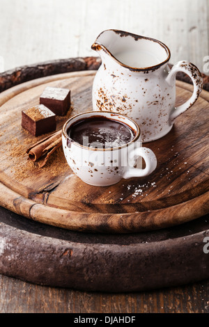 Hot chocolate sprinkled with white chocolate with spices Stock Photo