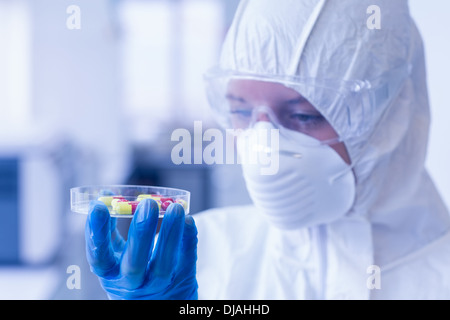Scientist in protective suit analyzing pills Stock Photo