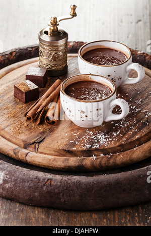 Hot chocolate sprinkled with white chocolate with spices Stock Photo