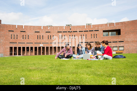 Students using laptop in lawn against college building Stock Photo