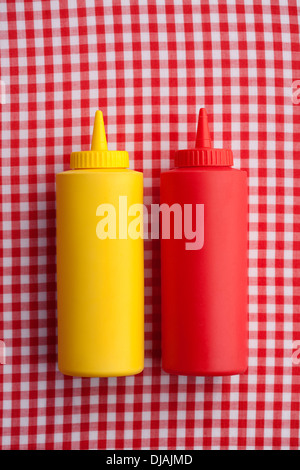 Close up of ketchup and mustard bottles Stock Photo