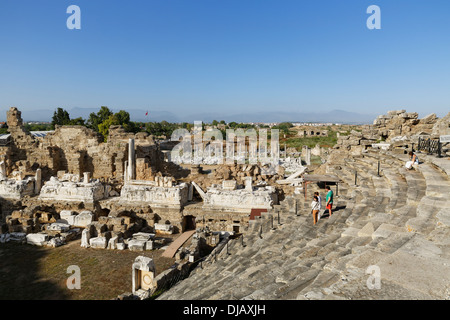 View from the theatre across the ancient city of Side, Pamphylia, Antalya Province, Turkey Stock Photo