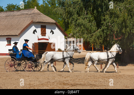 Two Csikós in a horse-drawn carriage, Tanyacsárda Stud, Kecskemét, Puszta, Hungary Stock Photo