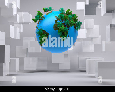 Globe floating in room with cubes Stock Photo