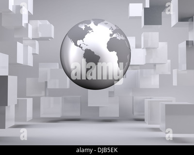 Planet floating in grey room with cubes Stock Photo