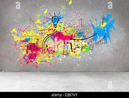 Colorful splashes on grey wall with graphics Stock Photo