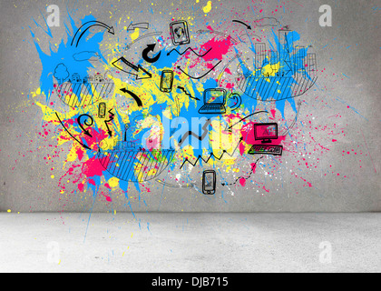 Colorful splashes on grey wall with graphics Stock Photo