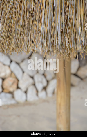 Straw parasol detail on sandy beach with dry wall in the background. Stock Photo