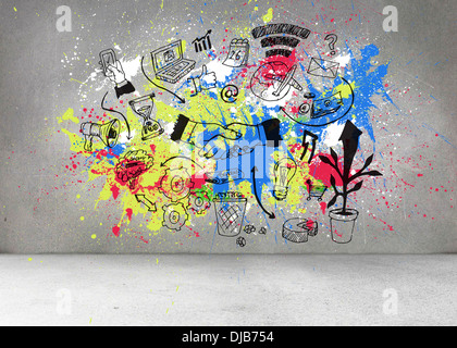 Grey wall with graphics and splashes Stock Photo