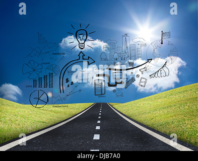 Black white graphics over sunny landscape Stock Photo