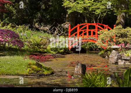 Red bridge in the Japanese Garden at Park Clingendael, Den Haag, The Hague, South Holland, The Netherlands Stock Photo