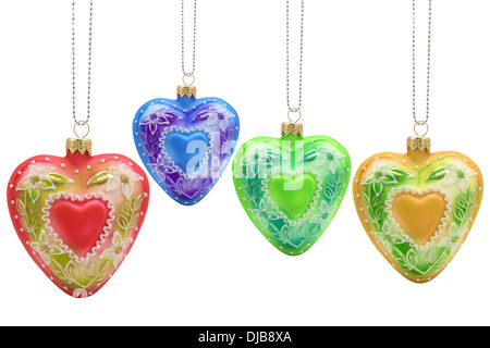 Colorful heart shaped christmas baubles, isolated on white background Stock Photo