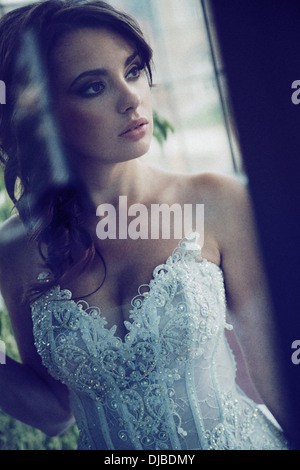Serious look of young brunette bride Stock Photo