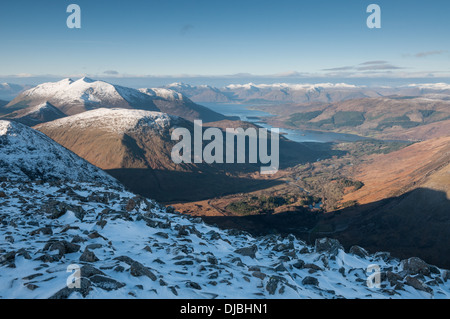 View from Stob Coire nan Lochan north ridge towards Glencoe Village and Loch Leven, Scottish Highlands, Scotland Stock Photo