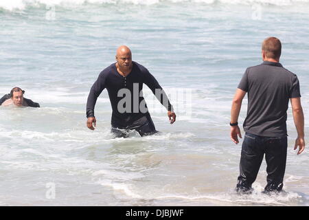 Rapper LL Cool J and Chris O'Donnell on the set of 'NCIS: Los Angeles' in Venice Beach Los Angeles, California - 09.04.12 Stock Photo