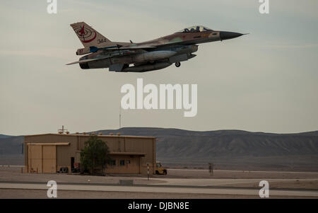 (131126) -- OVDA AIR BASE (ISRAEL), Nov. 26, 2013 (Xinhua) -- An F-16 Falcon attends a multinational exercise at the Ovda Air Base in southern Israel, on Nov. 25, 2013. An international military exercise went into high gear on Monday as warplanes from four nations continually thundered out of the Ovda Air Base in southern Israel. Fighter pilots and ground crews from the United States, Italy and Greece are participating in Blue Flag, the first multinational drill hosted by the Israeli Air Force (IAF) since it began cross-training with foreign counterparts 15 years ago. Pilots have been simulati Stock Photo