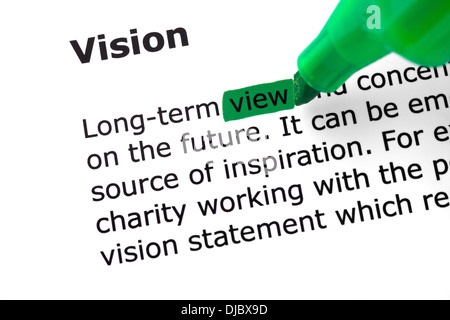 The word Vision highlighted in green with felt tip pen Stock Photo