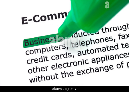 the word e-commerce, highlighted in green on white backgrounds Stock Photo