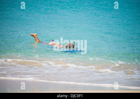 A tattooed Caucasian woman snorkles off the beach of St. Croix, US Virgin Islands. Stock Photo