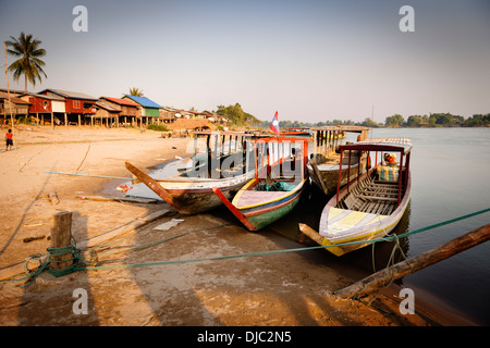 Riverboats at Ban Nakasang Village, 4000 Islands, Mekong River, Champassack, Laos. Stock Photo