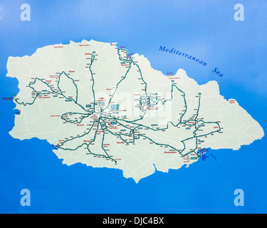 The Island of Gozo (Ghawdex) tourist bus stop map showing Victoria (Rabit). View from the front, looking down. Close up Stock Photo