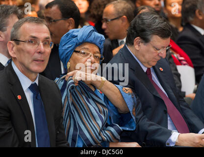 26th November 2013. Pictured attending the conference 'European Development Days' (EDD13) which focussed on the Millennium Development Goals (MDGs) and on the global framework which will succeed them by 2015, were, left to right, Andris Piebalgs, EU Commissioner for Development. Ellen Johnson Sirleaf, President, Liberia. Jose Mauel Barosso, President, European Commission. Stock Photo