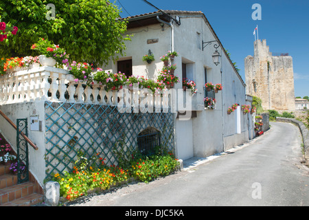 Houses with flowers in Saint-Émilion village in the Gironde department of the Aquitaine region in southwestern France. Stock Photo