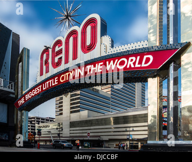 A daytime front on three quarter view of the RENO the biggest little city in the world sign,in Reno Nevada Stock Photo