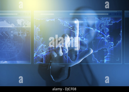 Virtual Screen Works. Businessman Working on Digital Virtual Screen Making Cargo Connection on World Map Switching Between Diffe Stock Photo