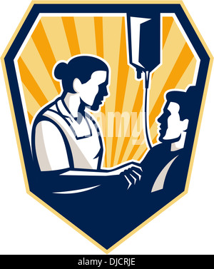 Illustration of a nurse tending a sick patient in bed with iv ...