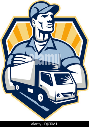 Illustration of a removal man delivery guy with moving truck van in the foreground set inside shield crest done in retro style. Stock Photo
