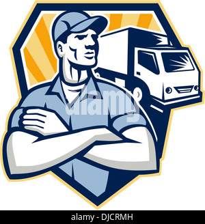 Illustration of a removal man delivery guy with moving truck van in the background set inside half circle done in retro style. Stock Photo