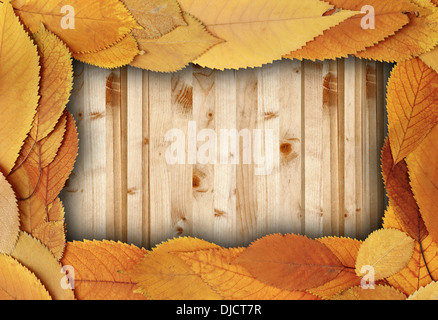 spruce boards table with cherry faded leaves backdrop ready for design or greeting card Stock Photo