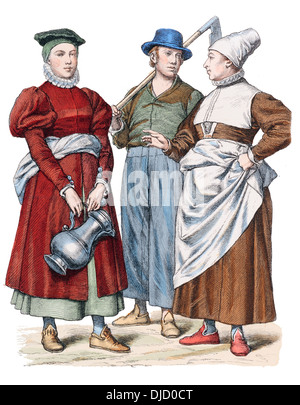 Late 16th Century XVI 1500s German Costumes (Left to right) woman from Ockholm and couple from Pomerania Stock Photo