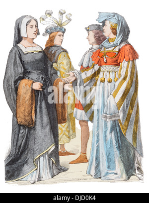 Mid 15th Century XV 1400s Costumes of French citizens Stock Photo - Alamy